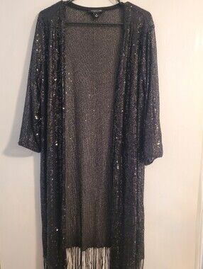 Perceptions Black Sequin Open Duster Cardigan